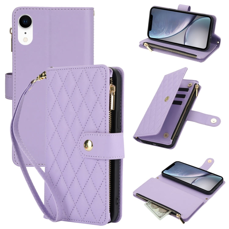 YM016 Rhombic Zipper Card Wallet Leather Phone Case with Lanyard