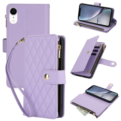 YM016 Rhombic Zipper Card Wallet Leather Phone Case with Lanyard