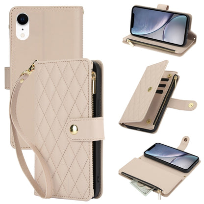 YM016 Rhombic Zipper Card Wallet Leather Phone Case with Lanyard