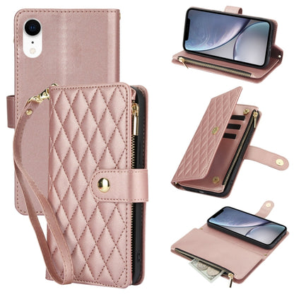 YM016 Rhombic Zipper Card Wallet Leather Phone Case with Lanyard