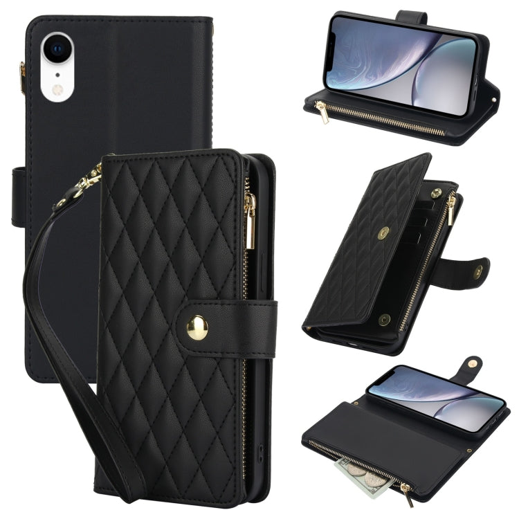 YM016 Rhombic Zipper Card Wallet Leather Phone Case with Lanyard