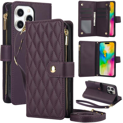 YM016 Rhombic Zipper Card Wallet Leather Phone Case with Lanyard