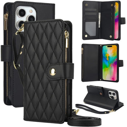 YM016 Rhombic Zipper Card Wallet Leather Phone Case with Lanyard
