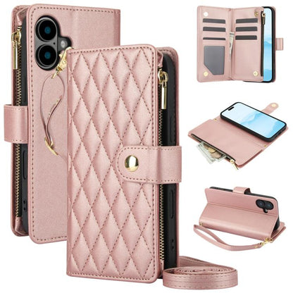 YM016 Rhombic Zipper Card Wallet Leather Phone Case with Lanyard