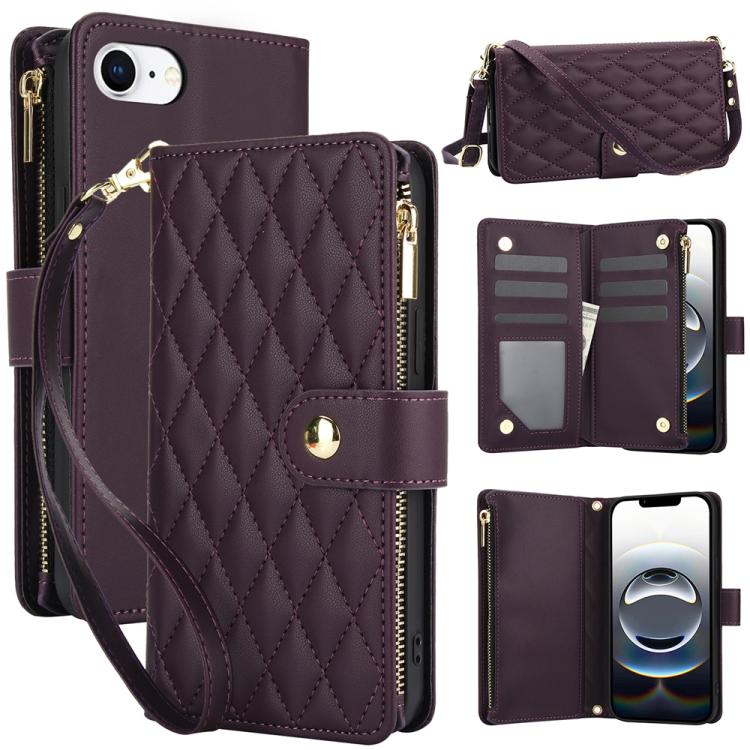 YM016 Rhombic Zipper Card Wallet Leather Phone Case with Lanyard