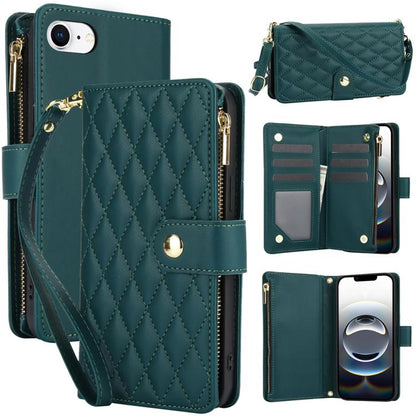 YM016 Rhombic Zipper Card Wallet Leather Phone Case with Lanyard
