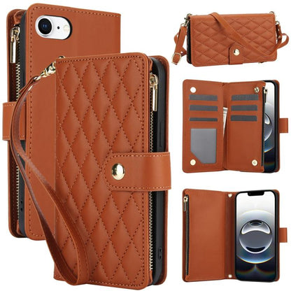 YM016 Rhombic Zipper Card Wallet Leather Phone Case with Lanyard