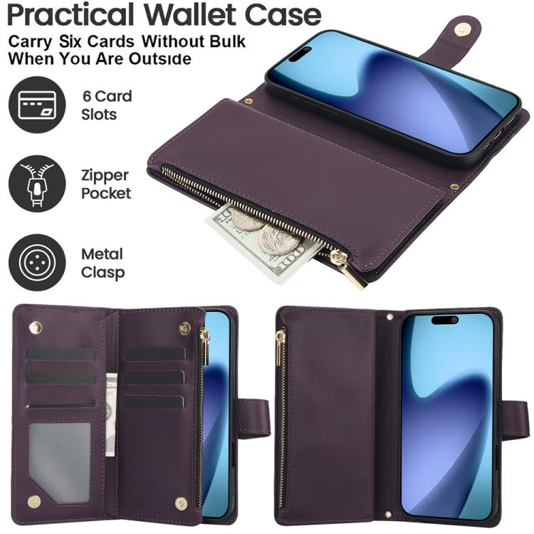 YM016 Rhombic Zipper Card Wallet Leather Phone Case with Lanyard