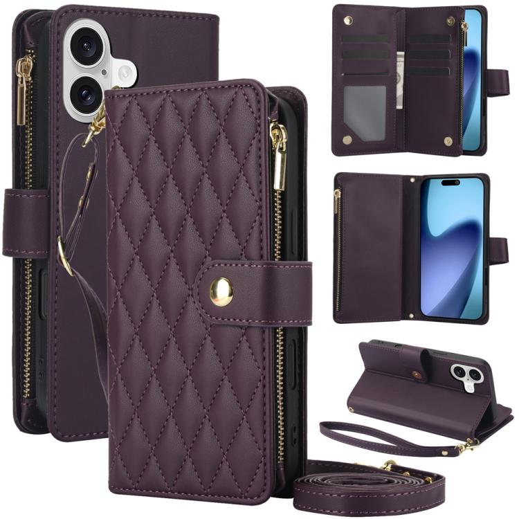 YM016 Rhombic Zipper Card Wallet Leather Phone Case with Lanyard