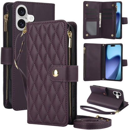 YM016 Rhombic Zipper Card Wallet Leather Phone Case with Lanyard