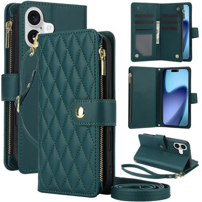 YM016 Rhombic Zipper Card Wallet Leather Phone Case with Lanyard
