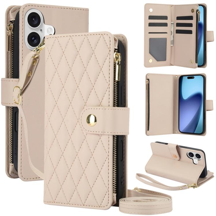 YM016 Rhombic Zipper Card Wallet Leather Phone Case with Lanyard