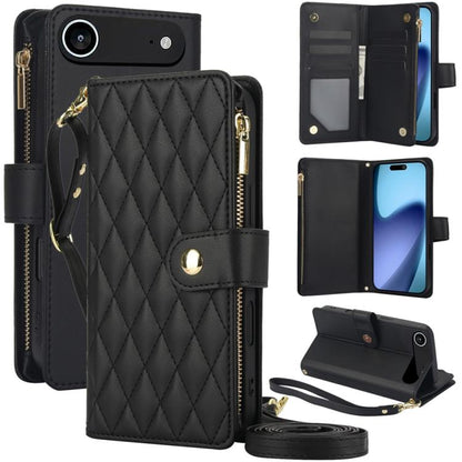YM016 Rhombic Zipper Card Wallet Leather Phone Case with Lanyard