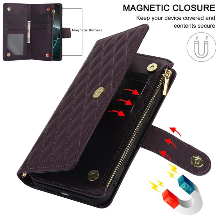 YM016 Rhombic Zipper Card Wallet Leather Phone Case with Lanyard