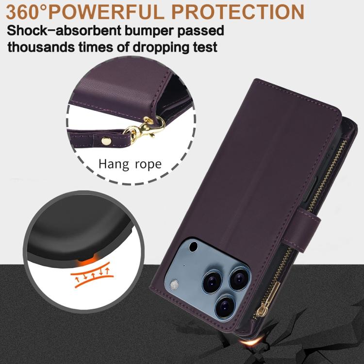 YM016 Rhombic Zipper Card Wallet Leather Phone Case with Lanyard