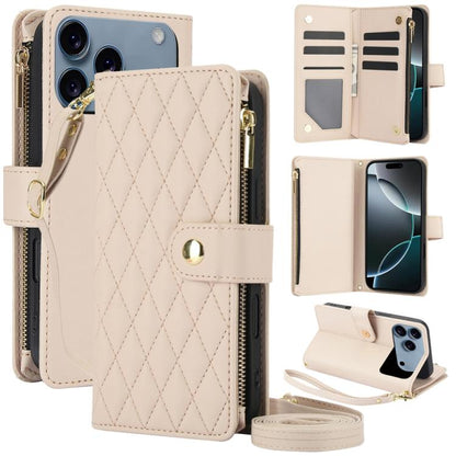 YM016 Rhombic Zipper Card Wallet Leather Phone Case with Lanyard