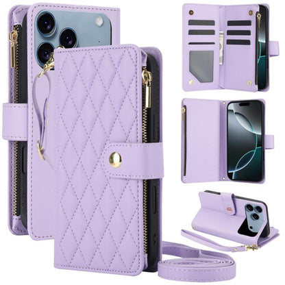 YM016 Rhombic Zipper Card Wallet Leather Phone Case with Lanyard