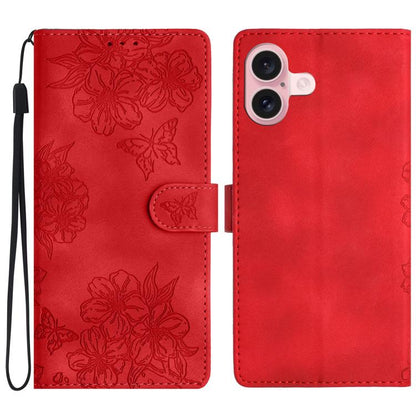 Cherry Blossom Butterfly Skin Feel Embossed PU Phone Case