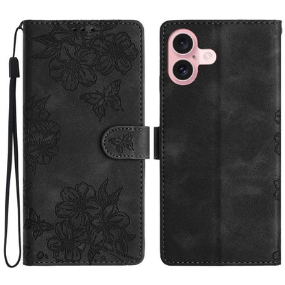 Cherry Blossom Butterfly Skin Feel Embossed PU Phone Case