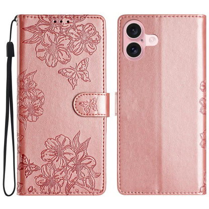 Cherry Blossom Butterfly Skin Feel Embossed PU Phone Case