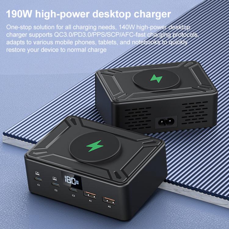 190W LED Display 3 x Type-C + 2 x USB Multi Ports Charger Support QI Wireless Charging, 190W
