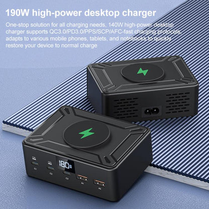190W LED Display 3 x Type-C + 2 x USB Multi Ports Charger Support QI Wireless Charging, 190W