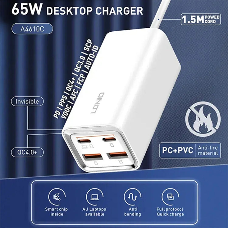 LDNIO A4610C PD65W Dual USB-C / Type-C + Dual USB Fast Charger, Cable Length: 1.5m, EU Plug·�����...