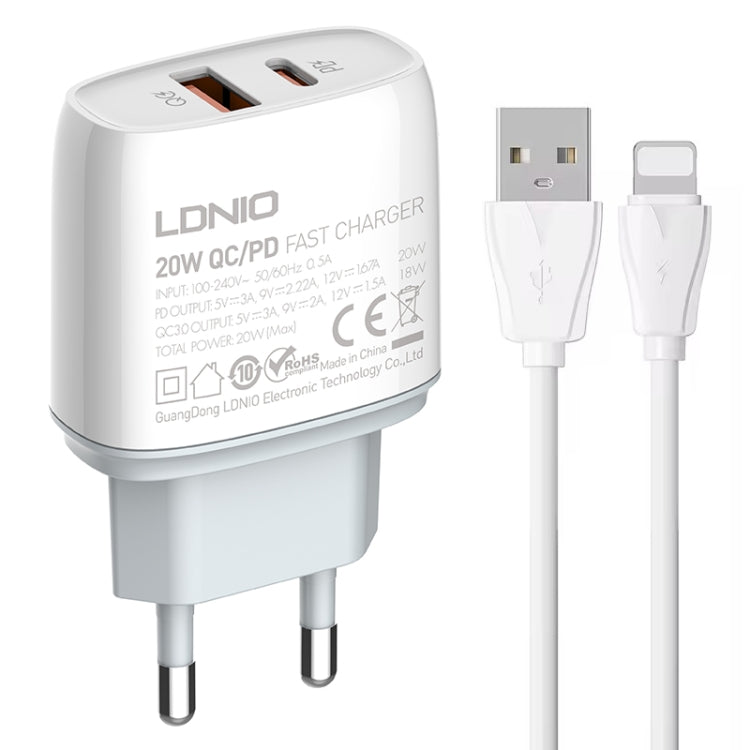 LDNIO Q229 QC3.0 / PD20W USB + Type-C Fast Charger with 1m USB to 8 Pin Cable, EU Plug, UK Plug��...