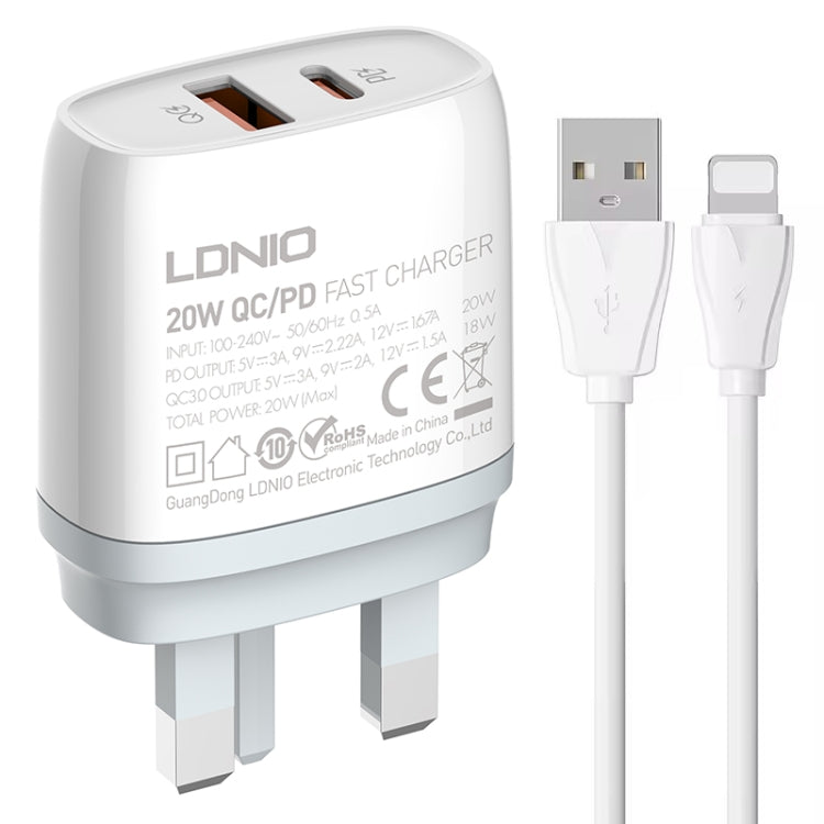 LDNIO Q229 QC3.0 / PD20W USB + Type-C Fast Charger with 1m USB to 8 Pin Cable, EU Plug, UK Plug��...