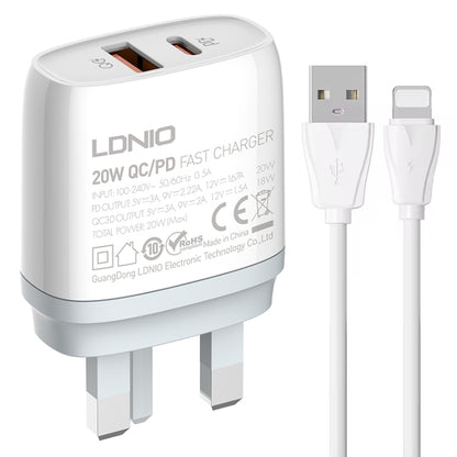LDNIO Q229 QC3.0 / PD20W USB + Type-C Fast Charger with 1m USB to 8 Pin Cable, EU Plug, UK Plug��...