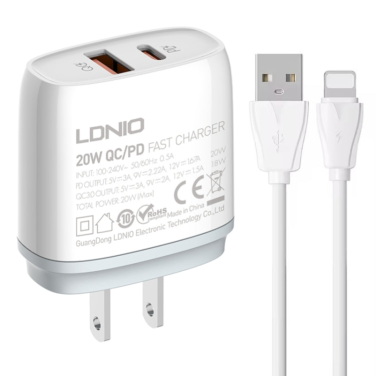 LDNIO Q229 QC3.0 / PD20W USB + Type-C Fast Charger with 1m USB to 8 Pin Cable, EU Plug, UK Plug��...