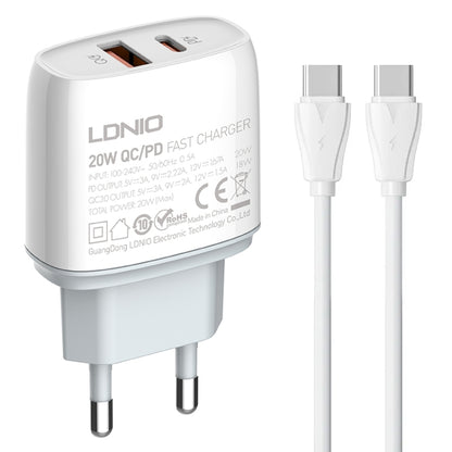 LDNIO Q229 QC3.0 / PD20W USB + Type-C Fast Charger with 1m Type-C to Type-C Cable, EU Plug, UK Pl...