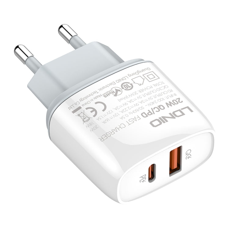 LDNIO Q229 QC3.0 / PD20W USB + Type-C Fast Charger with 1m Type-C to Type-C Cable, EU Plug, UK Pl...