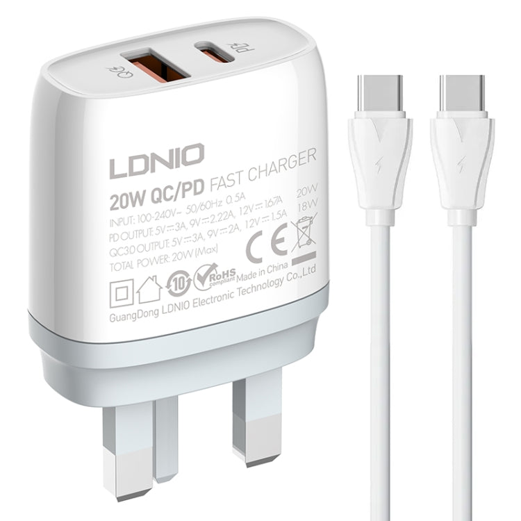 LDNIO Q229 QC3.0 / PD20W USB + Type-C Fast Charger with 1m Type-C to Type-C Cable, EU Plug, UK Pl...