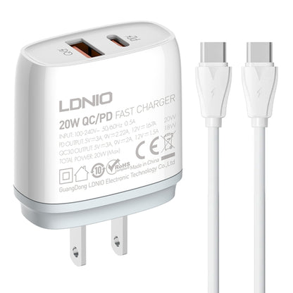 LDNIO Q229 QC3.0 / PD20W USB + Type-C Fast Charger with 1m Type-C to Type-C Cable, EU Plug, UK Pl...