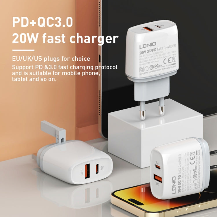 LDNIO Q229 QC3.0 / PD20W USB + Type-C Fast Charger with 1m Type-C to Type-C Cable, EU Plug, UK Pl...