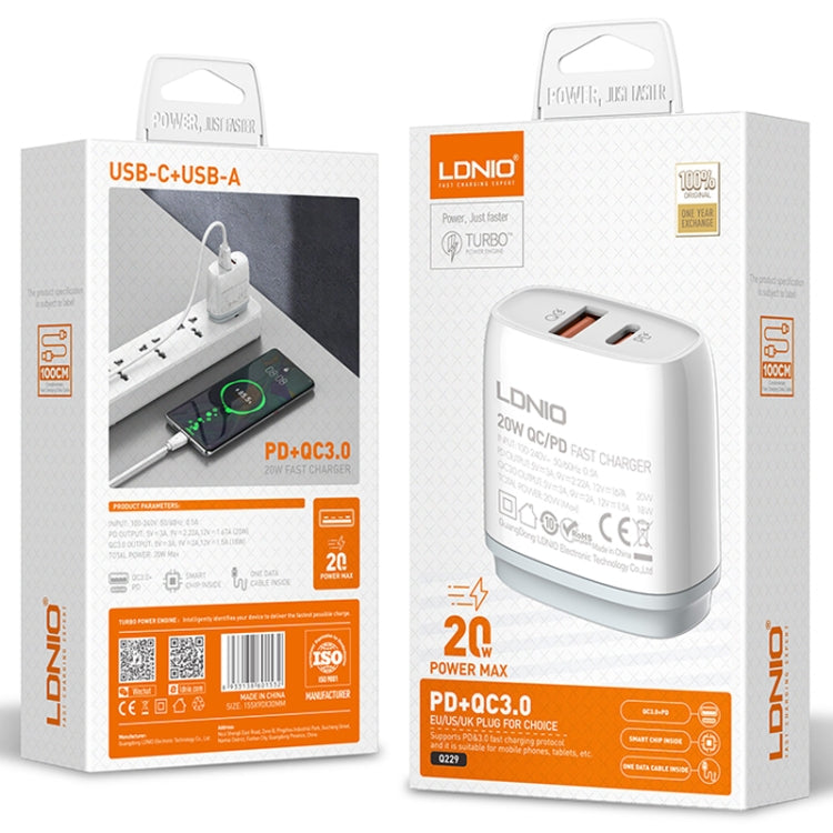 LDNIO Q229 QC3.0 / PD20W USB + Type-C Fast Charger with 1m Type-C to Type-C Cable, EU Plug, UK Pl...