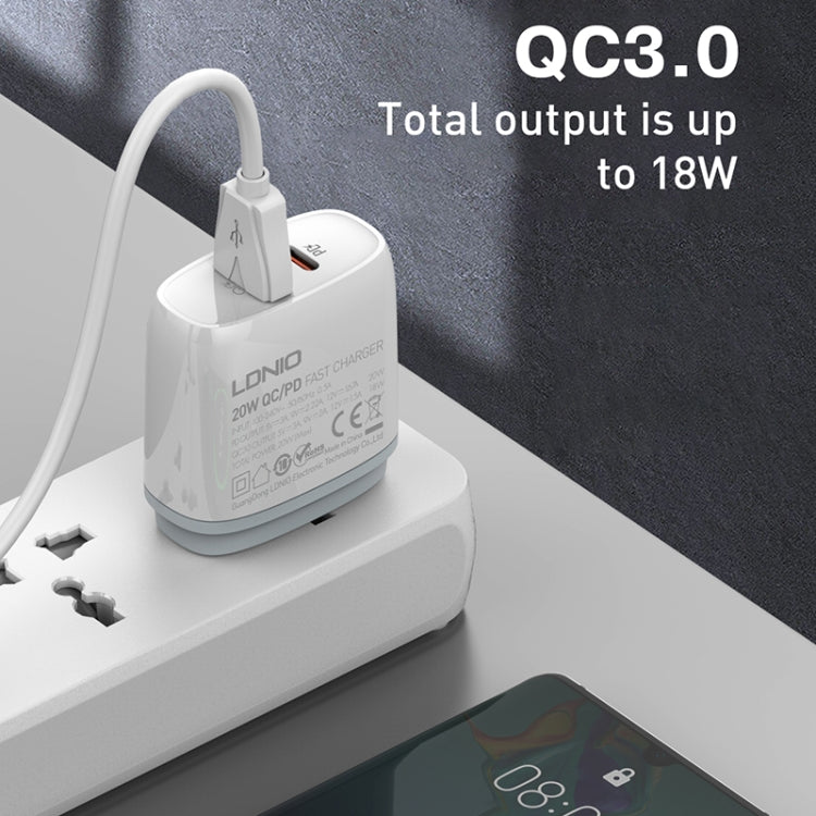 LDNIO Q229 QC3.0 / PD20W USB + Type-C Fast Charger with 1m Type-C to Type-C Cable, EU Plug, UK Pl...