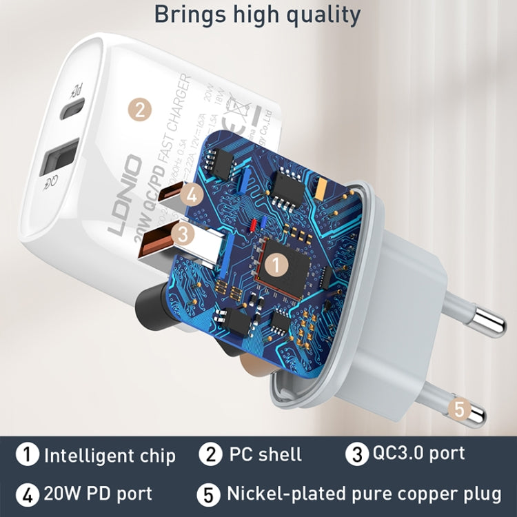 LDNIO Q229 QC3.0 / PD20W USB + Type-C Fast Charger with 1m Type-C to Type-C Cable, EU Plug, UK Pl...