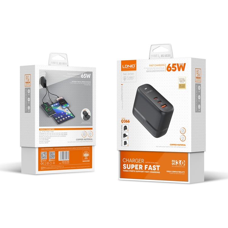 LDNIO Q366 65W USB + Dual Type-C Port Charger with 1m USB-C / Type-C to USB-C / Type-C Data Cable...