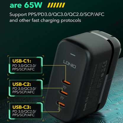 LDNIO Q367 65W GaN 3 x USB-C / Type-C Interface Charger with 1m USB-C / Type-C to USB-C / Type-C ...