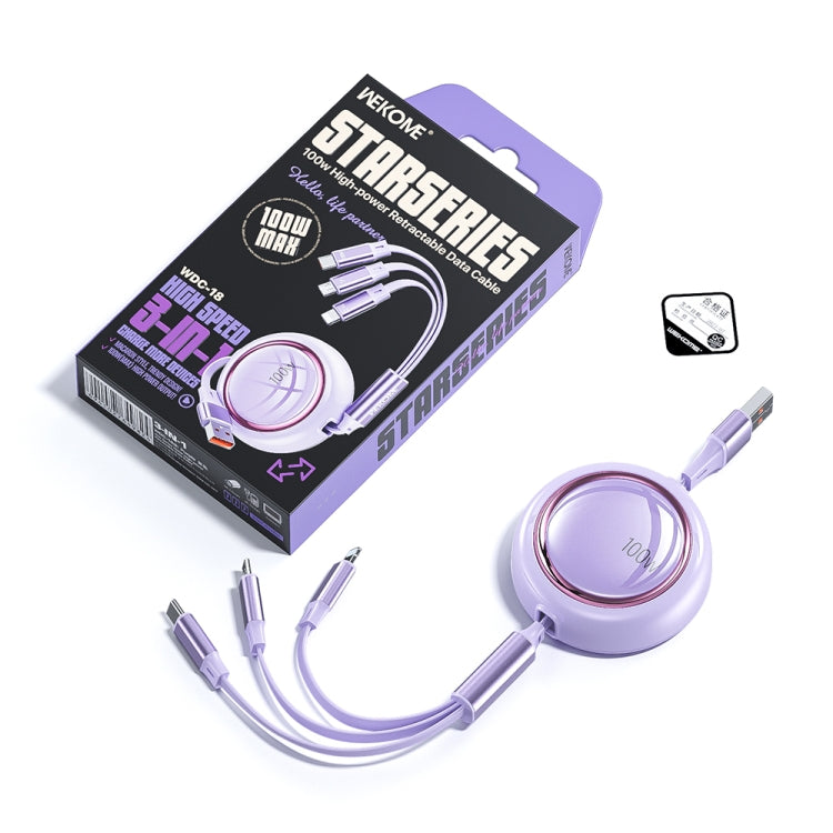 WK WDC-18 Star Series 1.2m 100W USB to 8 Pin / Type-C / Micro USB Retractable Data Cable
