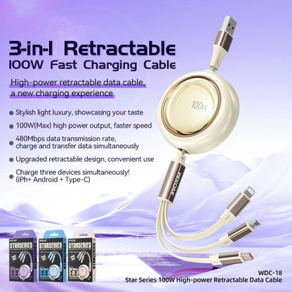 WK WDC-18 Star Series 1.2m 100W USB to 8 Pin / Type-C / Micro USB Retractable Data Cable