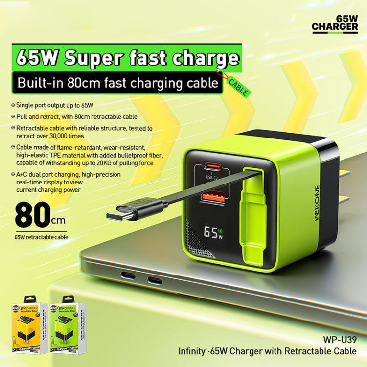 WK WP-U39 65W USB-C / Type-C, USB GaN Fast Charger with 80cm Type-C Cable, EU Plug, US Plug