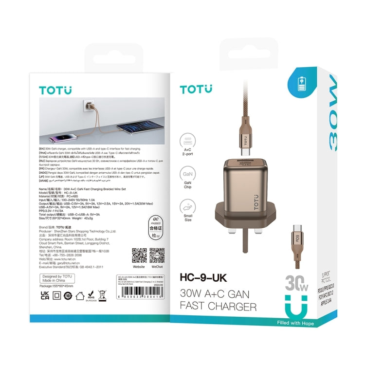 TOTUDESIGN HC-9 30W USB-A to Type-C GaN Fast Charger, UK Plug with Type-C to Type-C Cable��������...