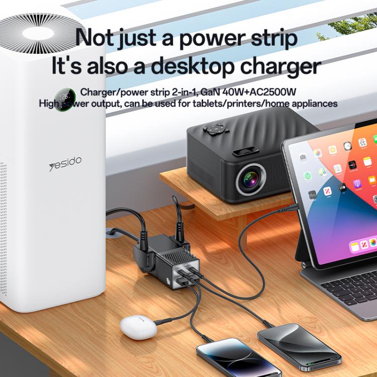 Yesido MC37 40W 6 In 1 Dual Type-C and Dual USB-A with 2 Socket Desktop GaN Power Socket Power Strip