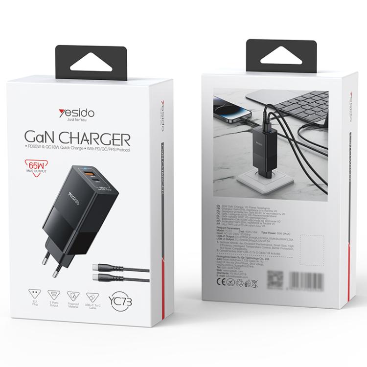 Yesido YC73 65W USB and USB-C / Type-C Dual Port GaN Fast Charger Set