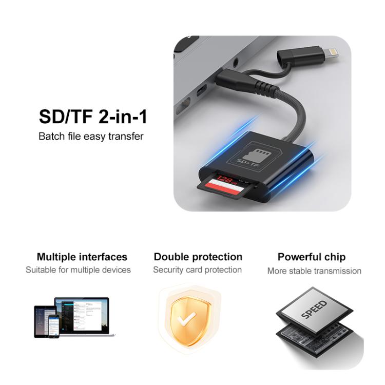 4 in 1 Type-C+8 Pin Multi-function Card Reader, Type-C+8 Pin