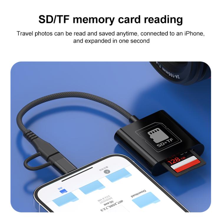 4 in 1 Type-C+8 Pin Multi-function Card Reader, Type-C+8 Pin