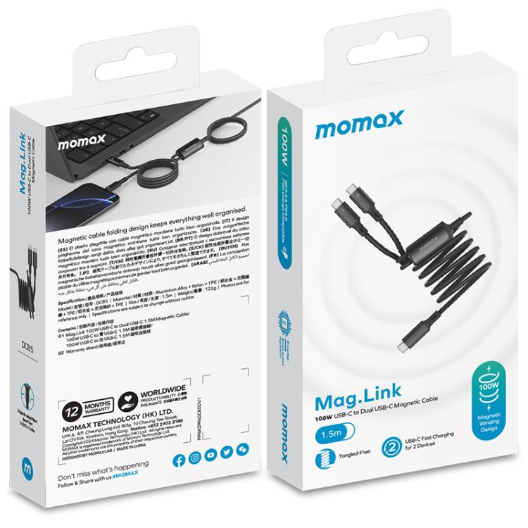 MOMAX DC85D Mag.Link 100W Type-C to Type-C 2 in 1 Magnetic Braided Data Cable, Length:1.5m